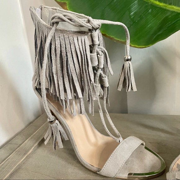 Qupid Faux-Suede Gray Stiletto Fringe Ankle Lace Up Tie Single Strap Peep Heels - Picture 6 of 8